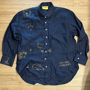 Chava Studio fish and boats embroidered navy linen shirt